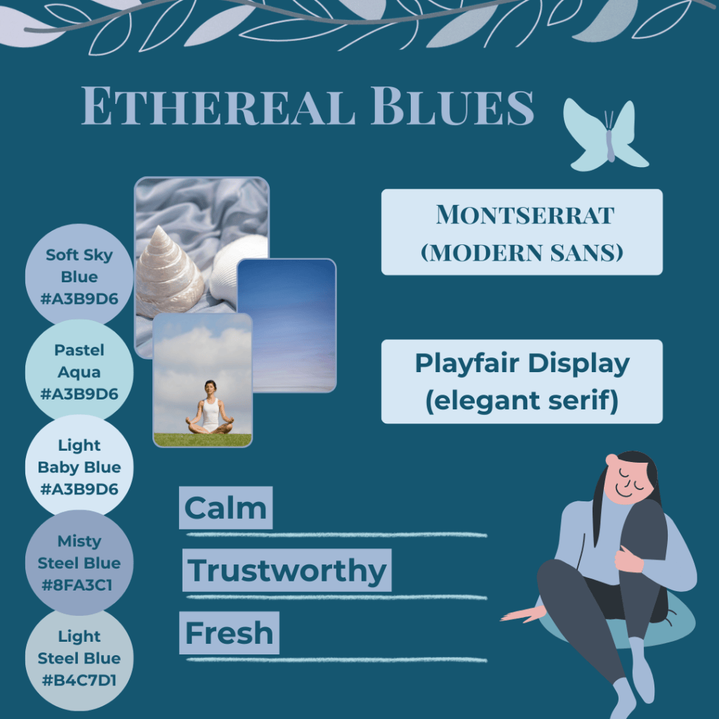Ethereal Blues mood board by Simatrix Digital Studio featuring Soft Sky Blue, Pastel Aqua, Light Steel Blue, Light Baby Blue, and Misty Steel Blue with Montserrat and Playfair Display fonts, conveying calm, trustworthy, and fresh branding.