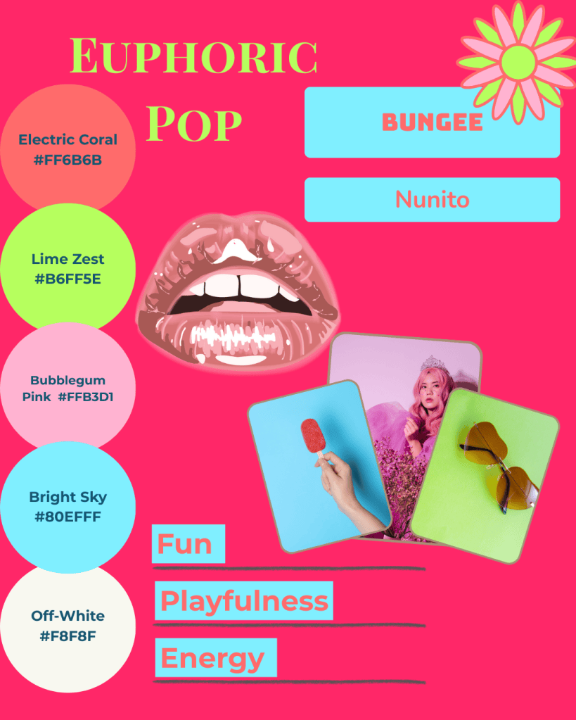 Euphoric Pop mood board by Simatrix Digital Studio with Electric Coral, Lime Zest, Off-White, Bubblegum Pink, and Bright Sky using Bungee and Nunito fonts, expressing fun, playfulness, and energetic branding for creative businesses.