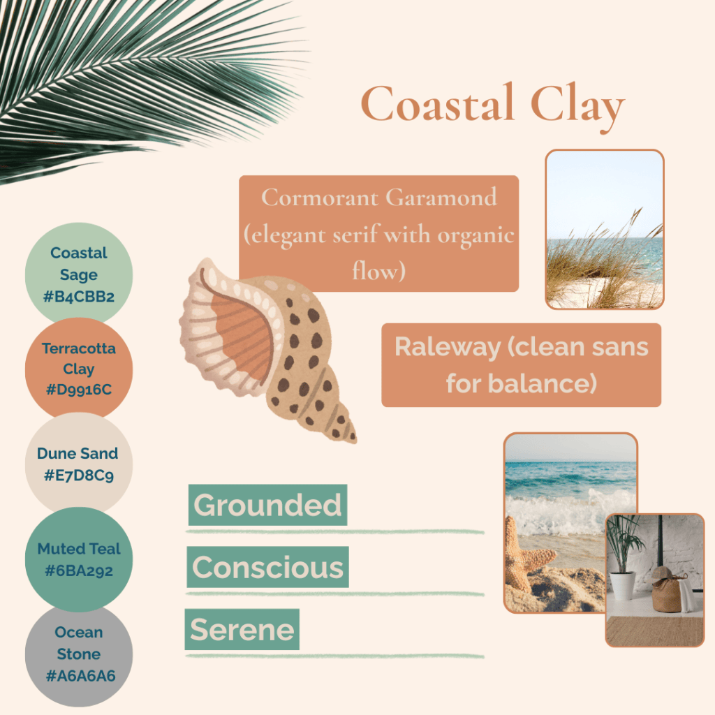 Coastal Clay mood board by Simatrix Digital Studio showcasing Coastal Sage, Terracotta Clay, Ocean Stone, Dune Sand, and Muted Teal with Cormorant Garamond and Raleway fonts, reflecting grounded, conscious, and serene brand identity.