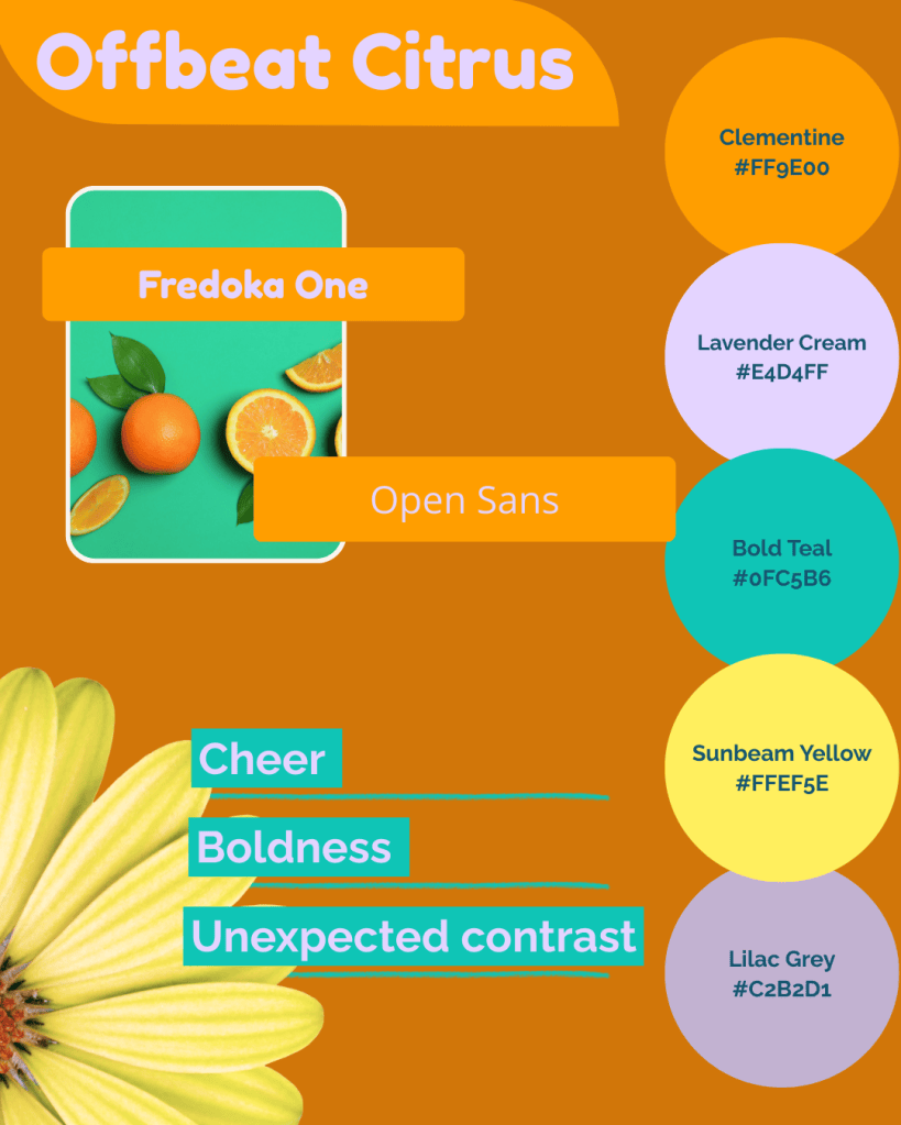 Offbeat Citrus mood board by Simatrix Digital Studio showcasing Clementine, Lavender Cream, Lilac Grey, Bold Teal, and Sunbeam Yellow with Fredoka One and Open Sans fonts, reflecting cheer, boldness, and unexpected contrast for unique brand identity.