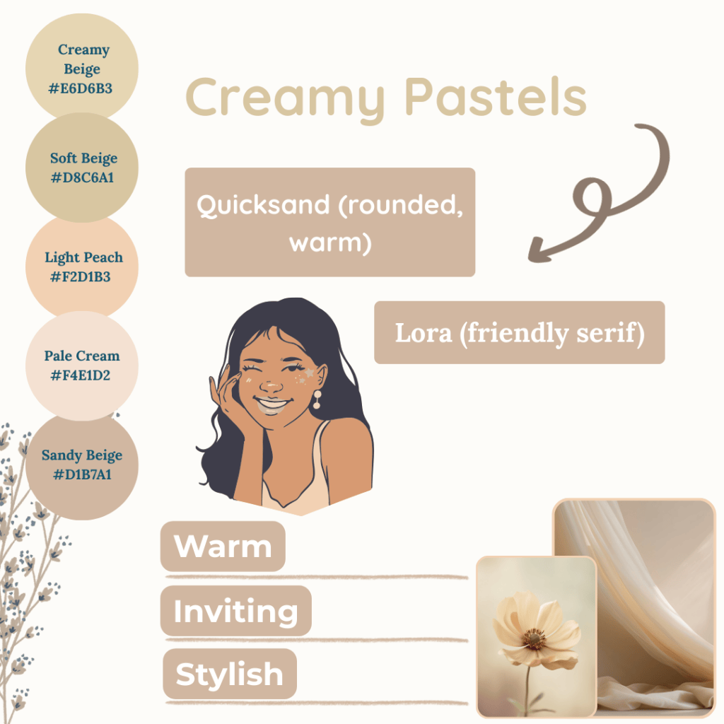 Creamy Pastels mood board by Simatrix Digital Studio featuring Creamy Beige, Sandy Beige, Light Peach, Pale Cream, and Soft Beige with Quicksand and Lora fonts, expressing warmth, style, and inviting energy
