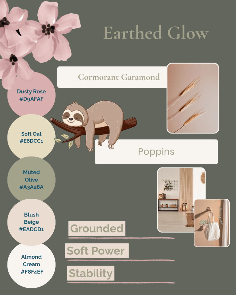 Simatrix Digital Solutions Earthed Glow brand mood board featuring Dusty Rose, Soft Oat, Almond Cream, Muted Olive, and Blush Beige with Cormorant Garamond and Poppins fonts, conveying groundedness, soft power, and stability.