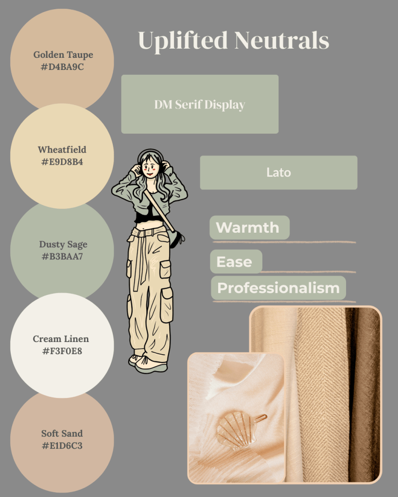 Simatrix Digital Solutions Uplifted Neutrals brand mood board showing Golden Taupe, Soft Sand, Dusty Sage, Cream Linen, and Wheatfield colors, paired with DM Serif Display and Lato fonts, reflecting ease, warmth, and professionalism.