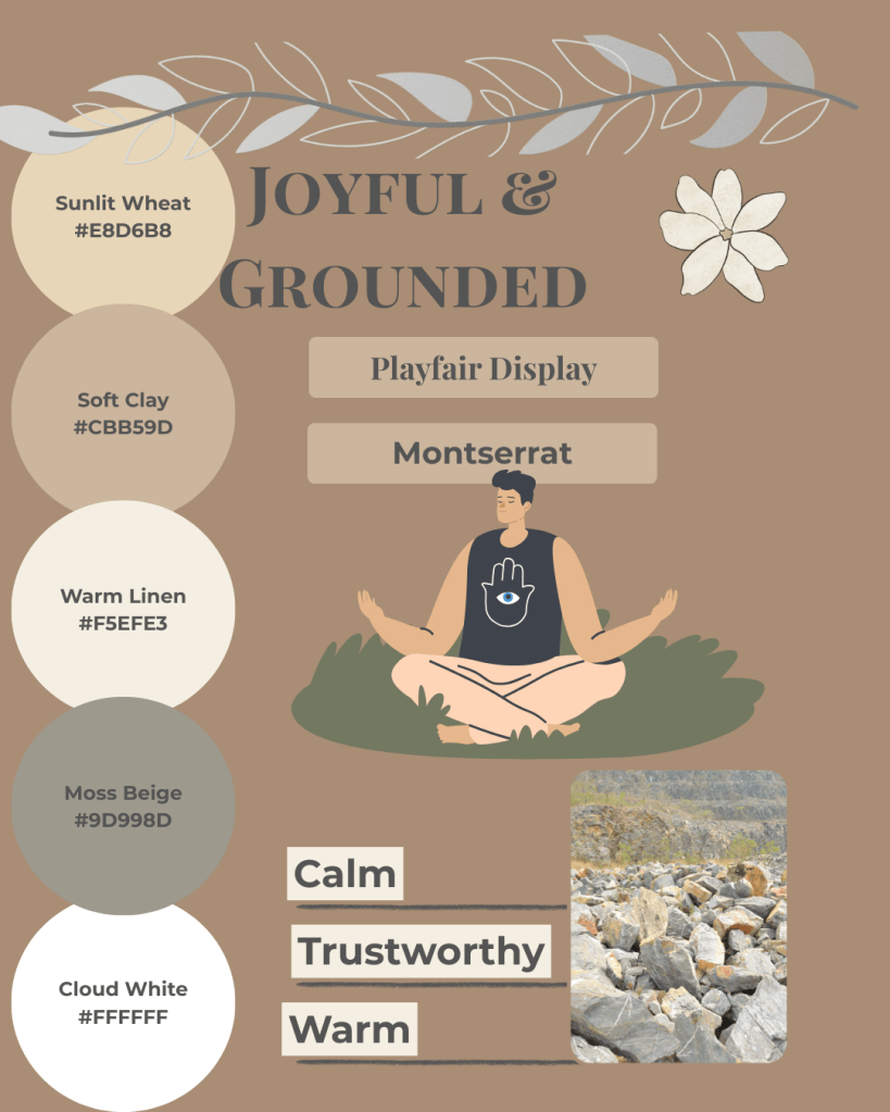 Simatrix Digital Solutions Joyful & Grounded brand mood board with soft, calming neutrals including Sunlit Wheat, Soft Clay, Cloud White, Warm Linen, and Moss Beige, using Playfair Display and Montserrat fonts, evoking calm, warmth, and trust.