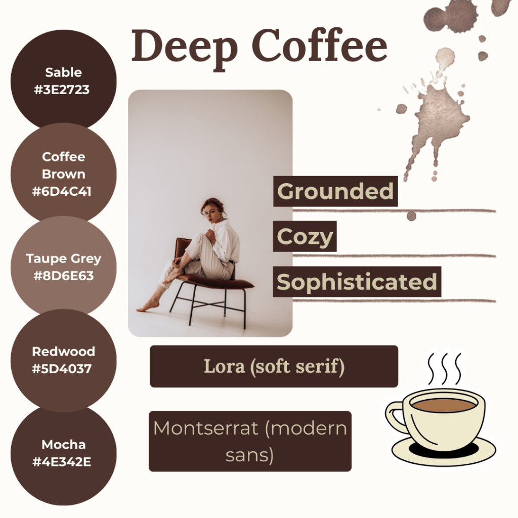 Deep Coffee mood board by Simatrix Digital Studio featuring Sable, Coffee Brown, Mocha, Taupe Grey, and Redwood with Montserrat and Lora fonts, expressing grounded, cozy, and sophisticated brand identity