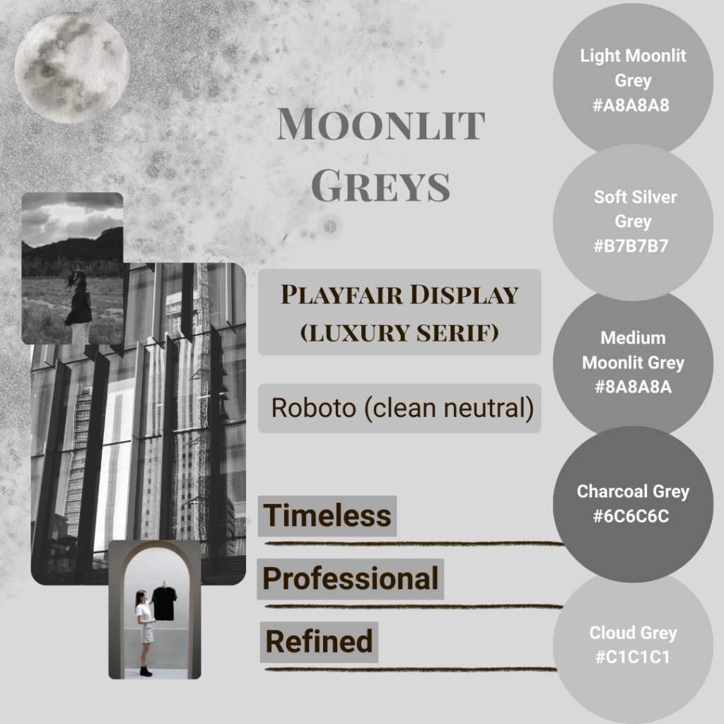 Moonlit Greys mood board by Simatrix Digital Studio showing Light Moonlit Grey, Cloud Grey, Medium Moonlit Grey, Charcoal Grey, and Soft Silver Grey with Playfair Display and Roboto fonts, reflecting timeless, professional, and refined branding