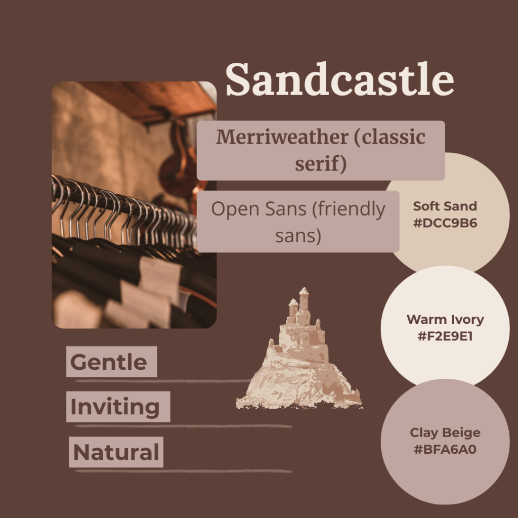 Sandcastle mood board by Simatrix Digital Studio featuring Soft Sand, Warm Ivory, Clay Beige with Open Sans and Merriweather fonts, conveying gentle, inviting, and natural brand vibes.