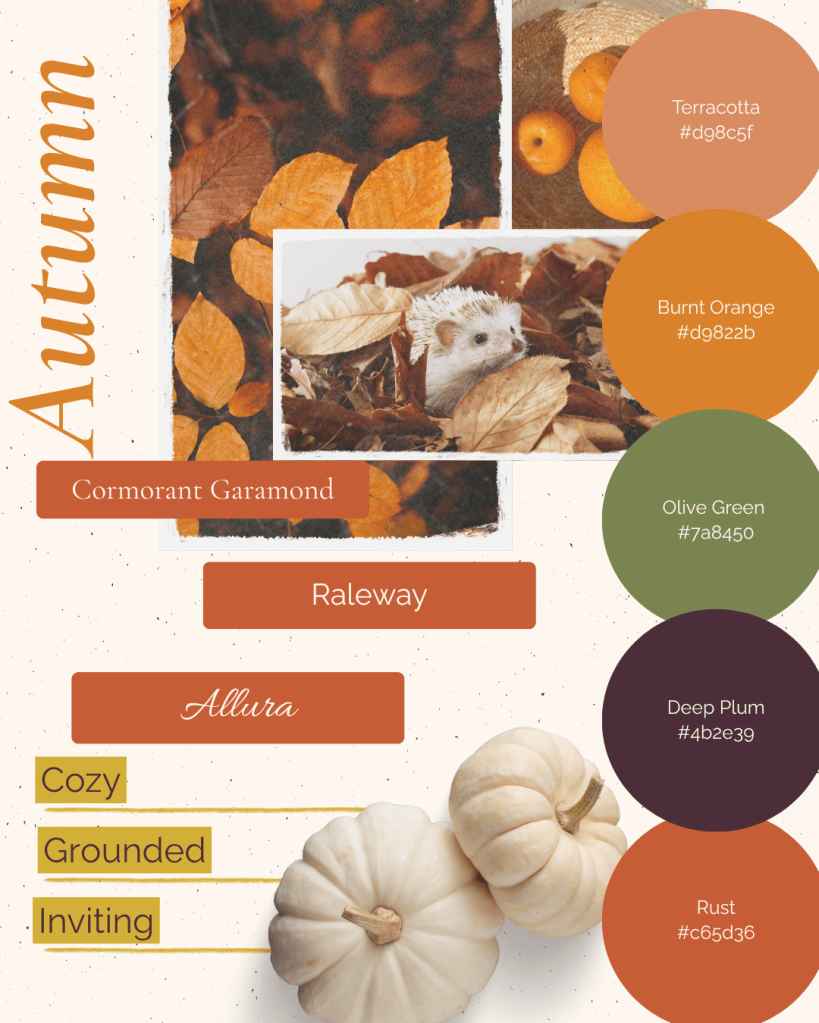 Autumn mood board by Simatrix Digital Studio featuring Terracotta, Burnt Orange, Rust, Olive Green, and Deep Plum with Cormorant Garamond, Raleway, and Allura fonts, expressing an inviting, cosy, and grounded brand identity